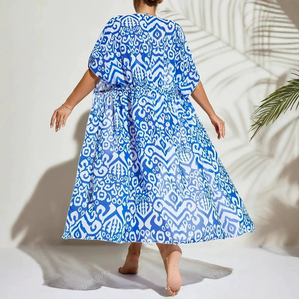 ZARA Long UV Short Sleeve Print Tie Waist Bikini Cover Up Beach Dress